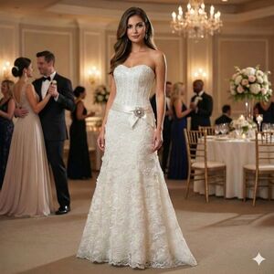 Tony Bowls Size 6 White Corset Bodice Rosette Lace Gown